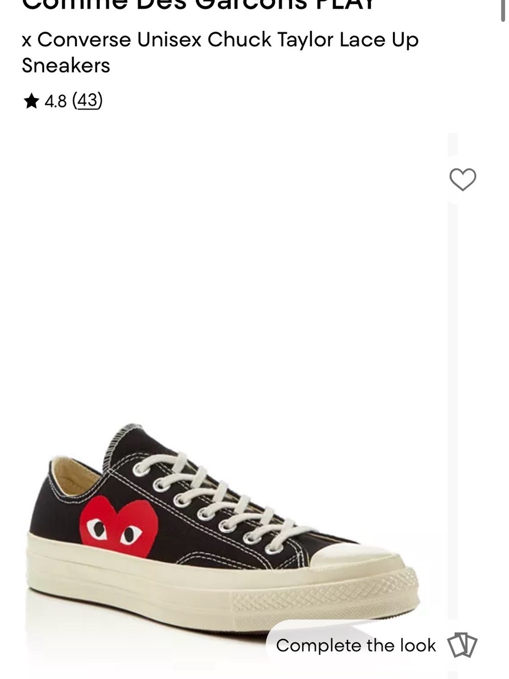 Comme des Garçons PLAY Black Canvas Low-Top Sneakers with Red Heart Men size 9